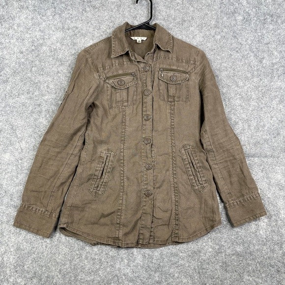 CAbi Women's Brown Long Sleeve Utility Linen Pockets Shirt Jacket Size XS 856 - Picture 1 of 8